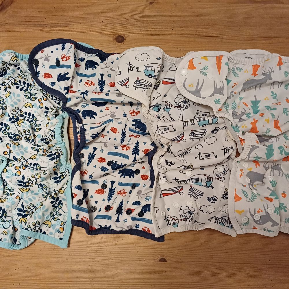 6 Überhosen und 4 Pocket Windeln von Thirsties, diverse Einlagen und eine Wickelunterlage von petit lulu