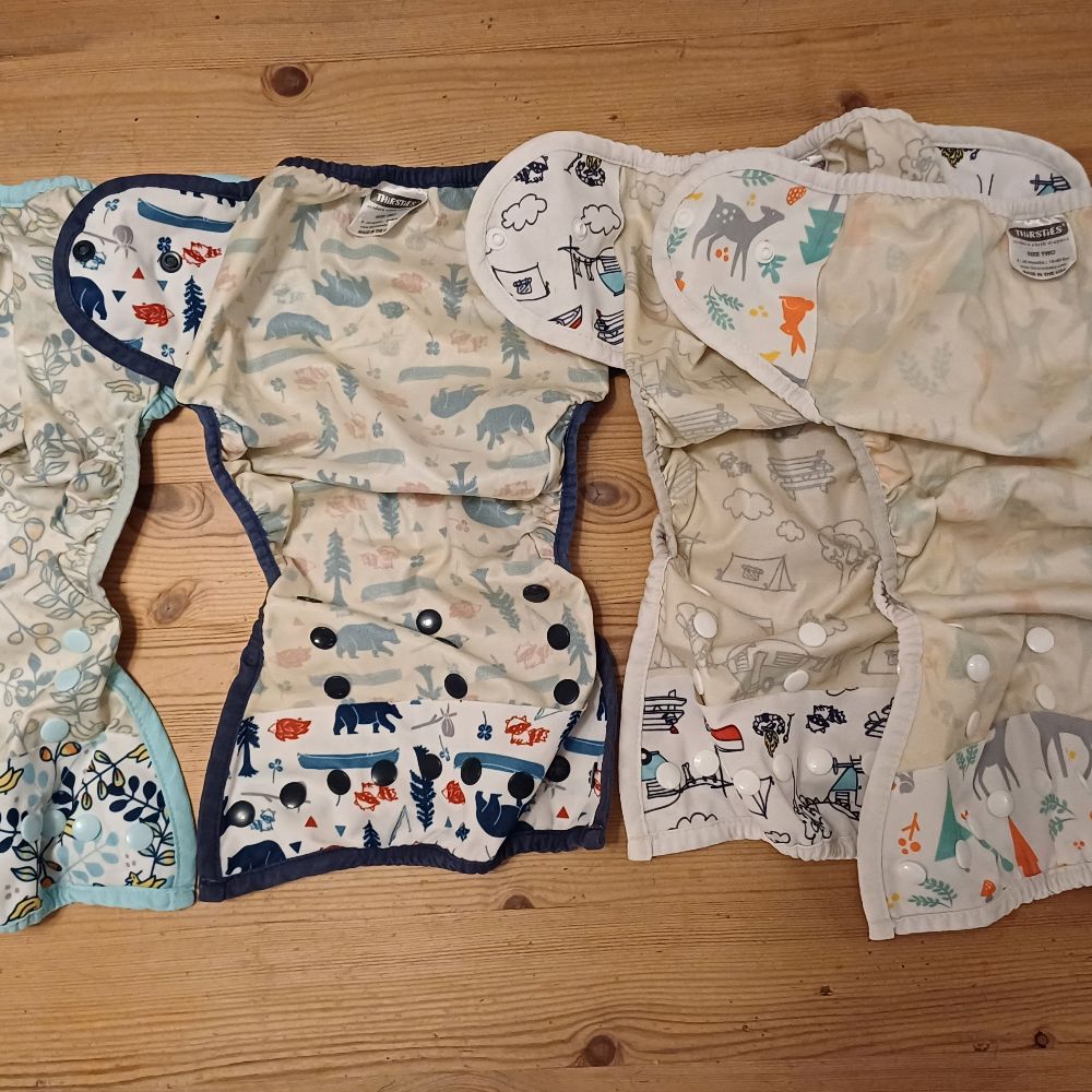 6 Überhosen und 4 Pocket Windeln von Thirsties, diverse Einlagen und eine Wickelunterlage von petit lulu